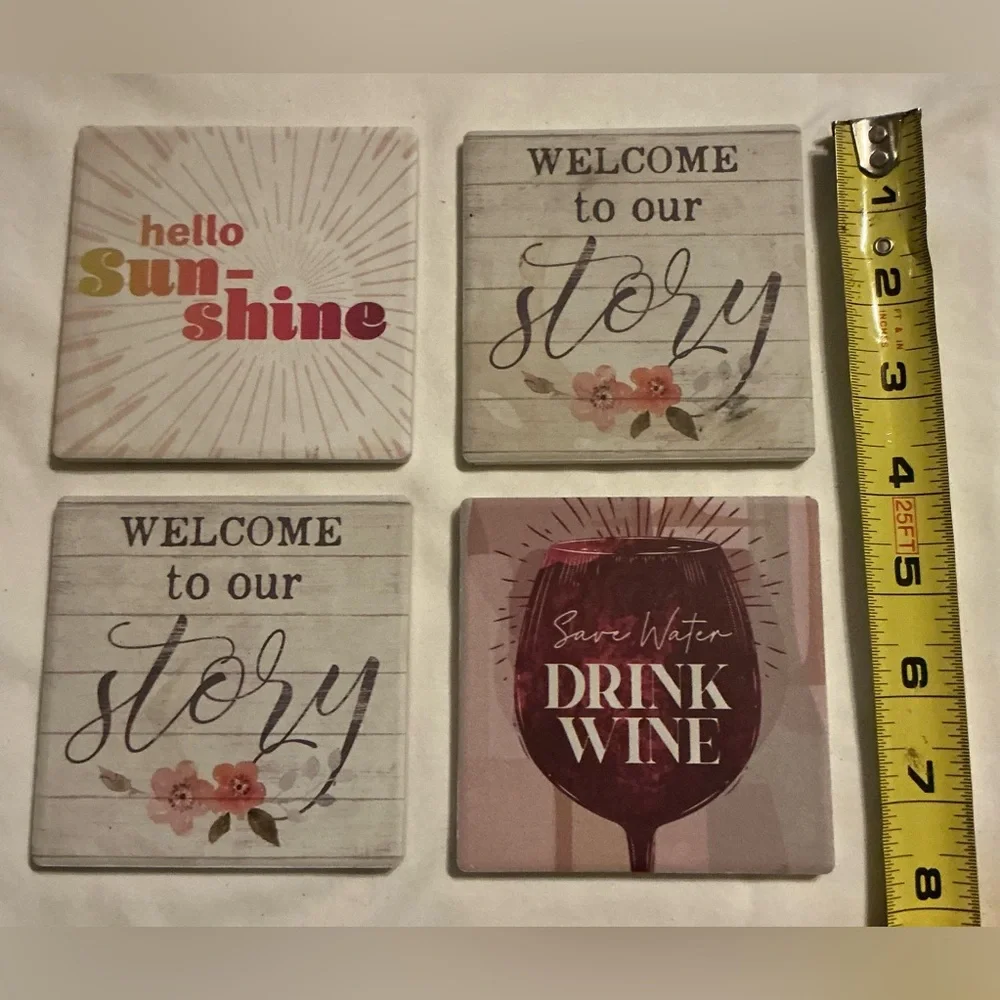 NWOT Set of 4 Decorative Quote Coasters - Pink, Cream, Red, Gold Accents